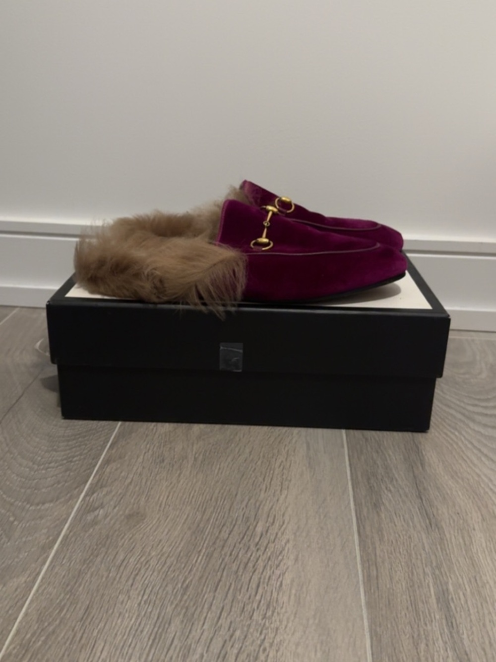 Gucci Purple Velvet Fur-Lined Horsebit Loafers